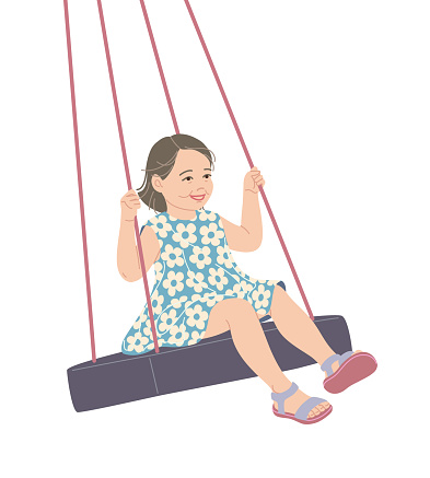 Cute little girl swinging on a swing. Joyful smiling baby in floral dress isolated on white background. Happy childhood concept. Simple vector flat illustration.