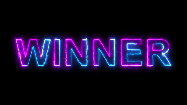Winner, Champion, 1st place text written on a dirty concrete wall and illuminated with flickering neon lights, signboard for celebration, animation creativity graphics and modern design 4K.