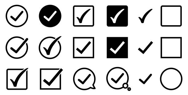 schwarze linie häkchen-symbol gesetzt. - ok zeichen stock-grafiken, -clipart, -cartoons und -symbole