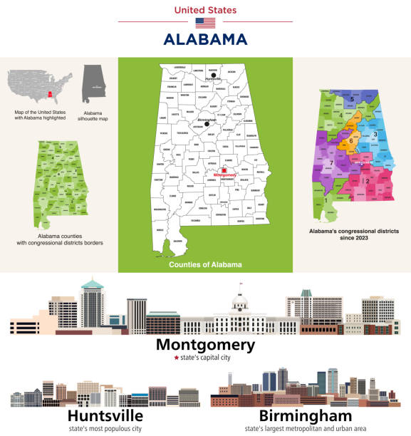 Alabama's counties map and congressional districts since 2023 map. Montgomery skyline (state's capital city), and state's largest cities: Huntsville and Birmingham. Vector set. Alabama's counties map and congressional districts since 2023 map. Montgomery skyline (state's capital city), and state's largest cities: Huntsville and Birmingham. Vector set. I drew all elements in a vector graphics editor and design program. Elements and layers are well organized, separable, detachable and easy to use and edit. Map data is in the public domain, available from the United States Census Bureau via census.gov map alabama cities stock illustrations