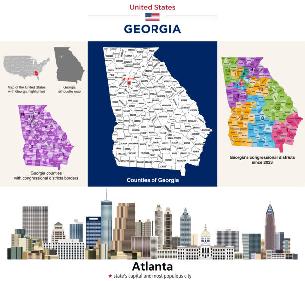 ilustraciones, imágenes clip art, dibujos animados e iconos de stock de mapa de condados de georgia y mapa de distritos congresionales desde 2023. horizonte de atlanta, la capital del estado y la ciudad más poblada. conjunto de vectores - atlanta georgia icon set computer icon georgia