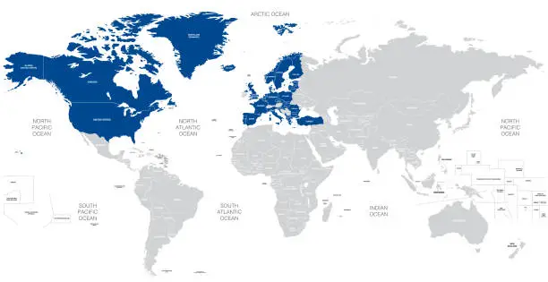 Vector illustration of Member states of NATO (North Atlantic Treaty Organization) on the world map. Vector illustration