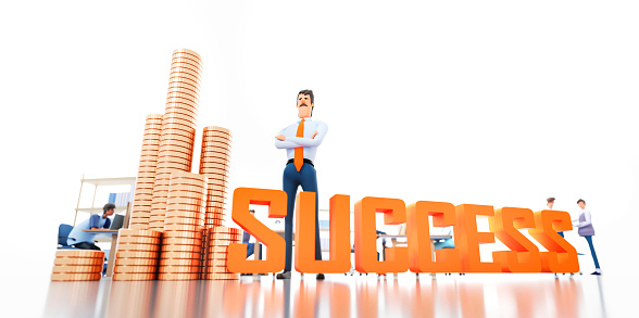Successful businessman stay next to coin stacks and SUCCESS word, blur of business people working in office at background and copy space at white. 3D rendering.