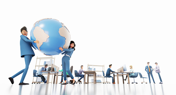 Business people holding up big globe, blur of business people walking at the background and copy space at white. 3D rendering