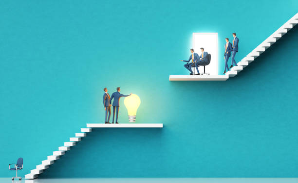 istock Business people with light bulb are presenting innovative idea in a digital security. Business environment concept with stairs and opened door. 3D rendering 2070936080