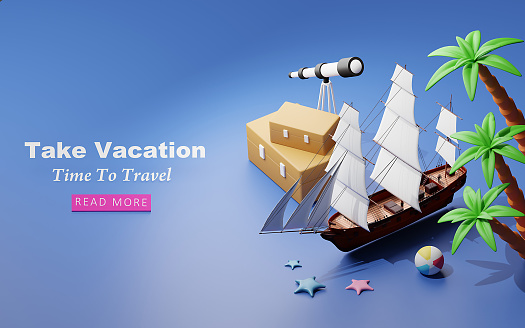 3d template design - Ship and Island, Summer holiday, Time to travel web concept. 3d render.