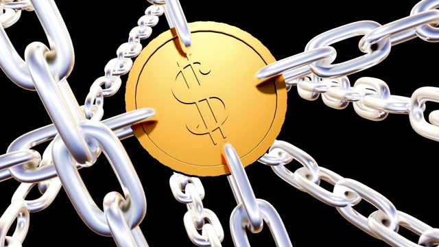 Gold dollar sign coin token in chains