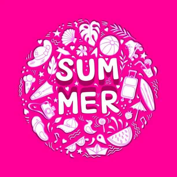 Vector illustration of Summer composition made of doodle objects with shadow cutout effect