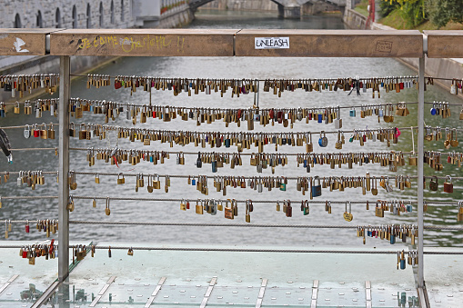 Ljubljana, Slovenia - October 13, 2014: Many Rusty Padlocks Lock Fence at Bridge Over Ljubljanica River.