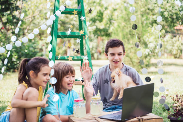 istock Happy children celebrating birthday online at backyard. 2070991542