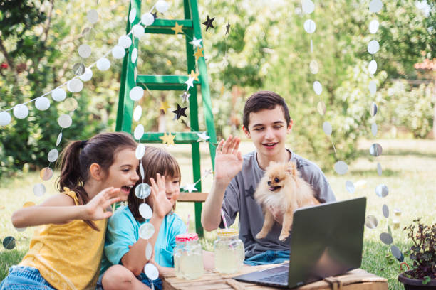istock Happy children celebrating birthday online at backyard. 2070991543