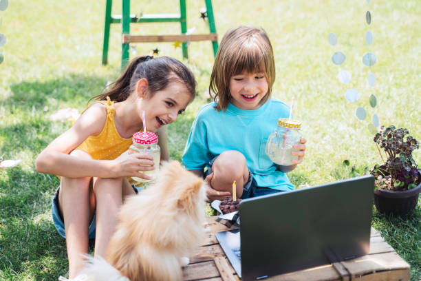 istock Happy children celebrating birthday online at backyard. 2070991575