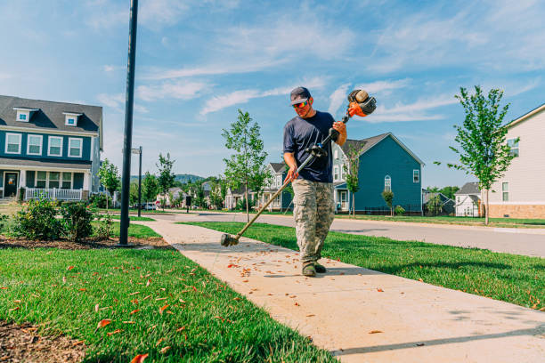 Man using a Weed Trimmer to Edge a Sidewalk for an Apartment Complex