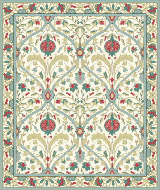 Oriental vector carpet design. Oriental vector carpet design with pomegranate. Colorful vintage pattern with frame. Ornamental background for textile, rug, tapestry. byzantine pattern stock illustrations