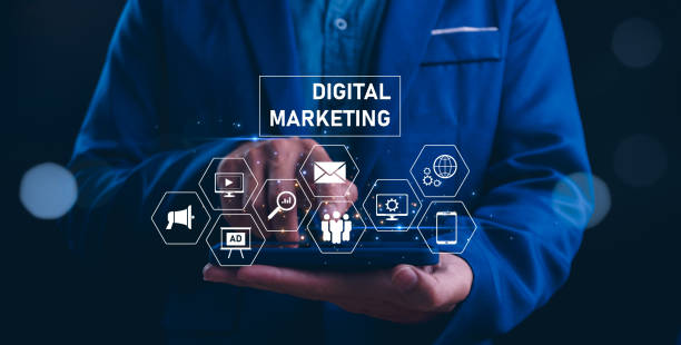 istock Digital marketing technology concept. Businessman showcasing a digital marketing interface with icons, embodies concept of modern advertising. Website ad, email, social network, SEO, video, mobile. 2071010537