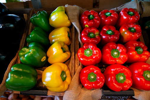 Close-up Green, yellow and red bell peppers