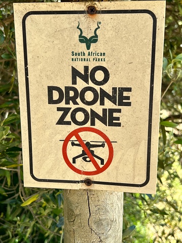 Cape Town, South Africa - November 13, 2023: No drone zone sign