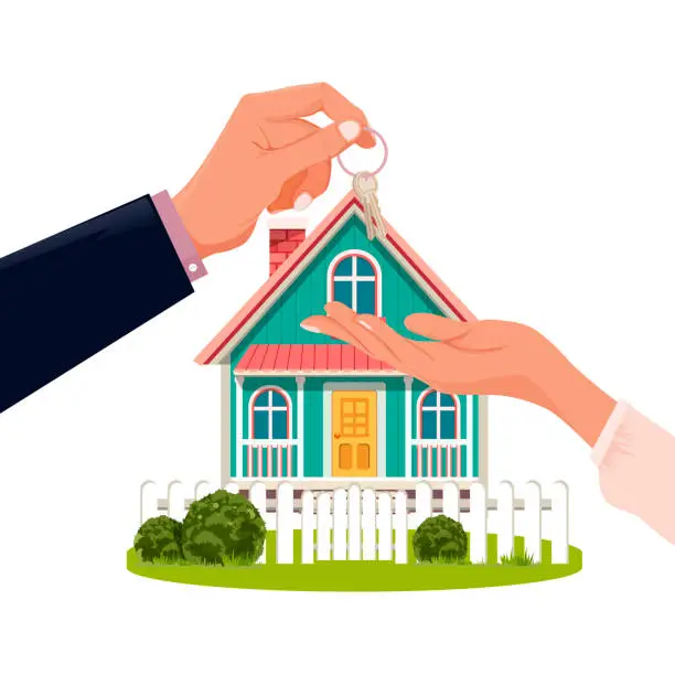 Vector illustration of Hand Giving Keys To Another Hand. Buying, Renting House Concept.Buying, renting a new or used house. Putting house keys to your hand. Houses for sale