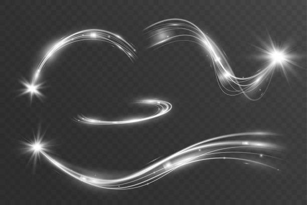 light white wave shine effect,vector glow line sparkle shine. silver wavy effects. - white background horizontal selective focus silver stock illustrations