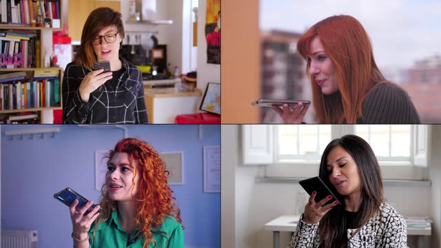 A quad-screen montage features four young women sending voice messages, their voices weaving a tapestry of connected narratives.