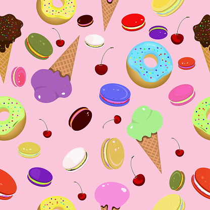 Seamless pattern with sweets and fruit on pink bacground. Colorful ice-creams, macaroons, donuts and cherries. Vector illustration