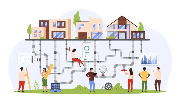 Vector illustration of Development of engineering underground networks and city pipelines by tiny people