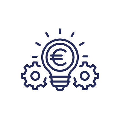 Idea line icon with light bulb, gears and euro