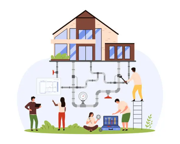 Vector illustration of Design and repair of utility networks for private house, tiny people work with pipeline