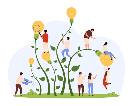 Help in development of business innovation and creative ideas growth from crowdsourcing, sponsors investing. Tiny people with watering can grow green light bulb plants cartoon vector illustration
