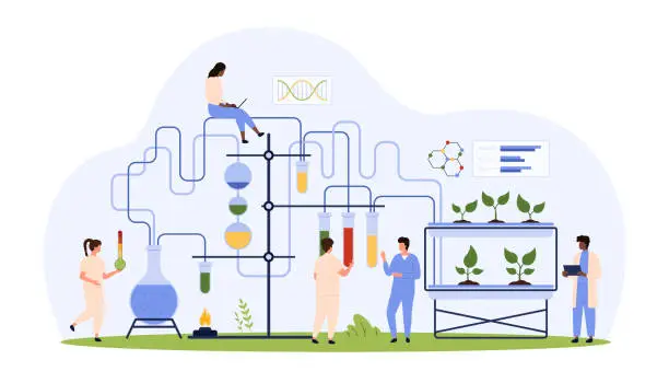 Vector illustration of Research in biology, laboratory experiment on growing green plants by tiny people