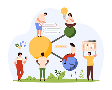 Network collaboration, solution research and organization in team. Tiny people with bright light bulb share ideas and information online, work and brainstorm together cartoon vector illustration