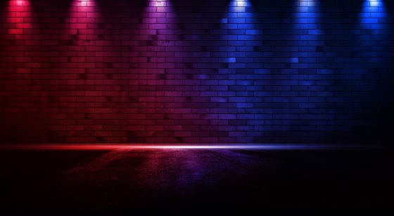Rays neon light on neon brick wall. Empty scene