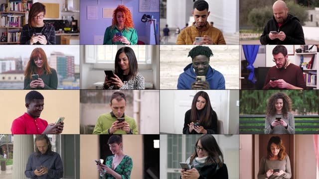 A vibrant montage of 16 individuals, each absorbed in sending messages through their smartphones, weaving a tapestry of digital dialogue