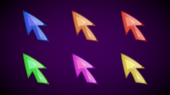 A set of colored cursors for games. Color mouse arrows.