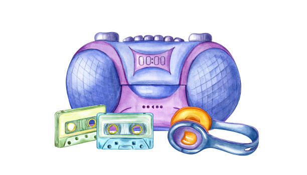 проигрыватель бумбокса, две аудиокассеты и наушники. магнитофон, микронаушник для прослушивания музыки. ретро 90-е, стиль 2000-х. музыка, звук, � - pink and white radio stock illustrations