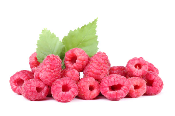 istock Sweet raspberries with green leafs isolated on white background 2071190769