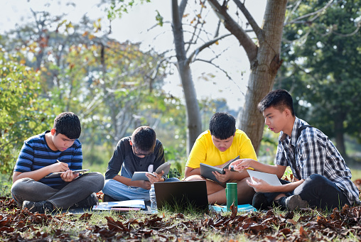 Group of asian students studying in the park with books and laptop computer.