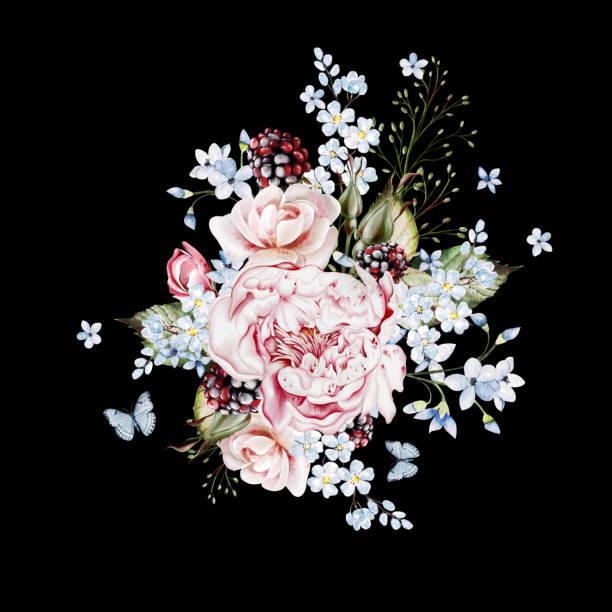 istock Watercolor bouquet with herbs and pink peony flowers. 2071225413