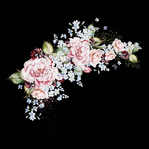 istock Watercolor bouquet with herbs and pink roses flowers. 2071227539