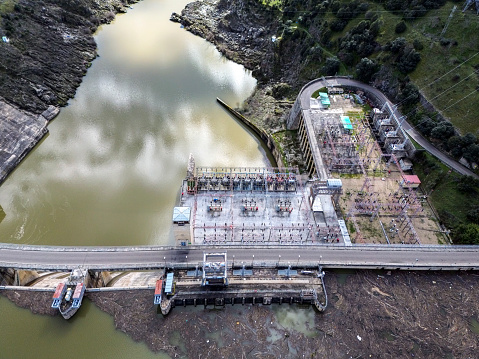 Chancy-Pougny, France - September 06 2021: an hydro electric power installation or dam build in a french river for green environmental friendly energy