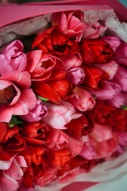 A vibrant arrangement of pink and red flowers beautifully displayed in a pink box, with ample copy space.