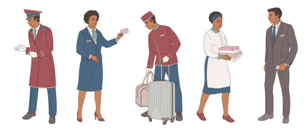 Vector illustration of hotel staff  African American male and female characters part 1, doorman, concierge, porter, maid, security