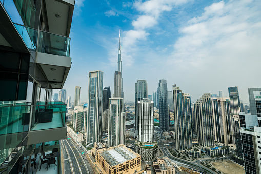 Dubai, United Arab Emirates - March 5 2024: Aerial shot of Dubai Downtown District. View of dubai skyscrapers including Burj Khalifa