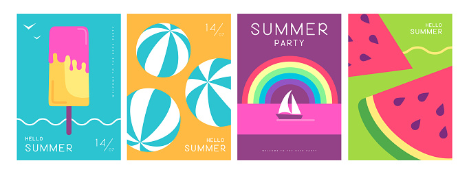Set of colorful summer posters with summer attributes. Ice cream, beach ball, watermelon, rainbow and ship. Vector illustration