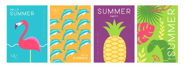 Vector illustration of Set of colorful summer posters with summer attributes. Flamingo silhouette, dolphins, pineapple, tropic leaves background. Vector illustration