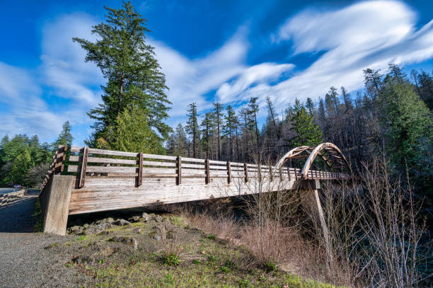 istock Single span wood arch bridge spanning a river..after surviving a wildfire. 2071312397