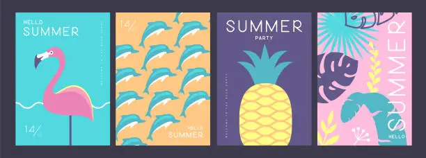 Vector illustration of Set of retro summer posters with summer attributes. Flamingo silhouette, dolphins, pineapple, tropic leaves background. Vector illustration