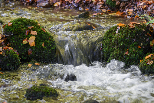 Aerial photography of deep pools and waterfalls in mountain streams