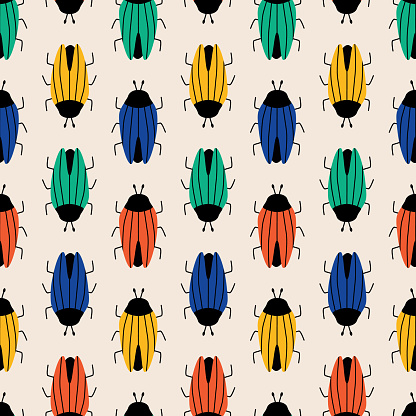 Colorful beetle hand drawn vector illustration. Cute bugs insect in flat style seamless pattern for kids fabric or wallpaper.