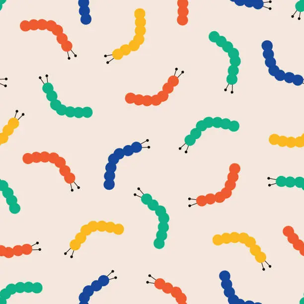 Vector illustration of Colorful caterpillar hand drawn vector illustration. Cute insect in flat style seamless pattern for kids fabric or wallpaper.
